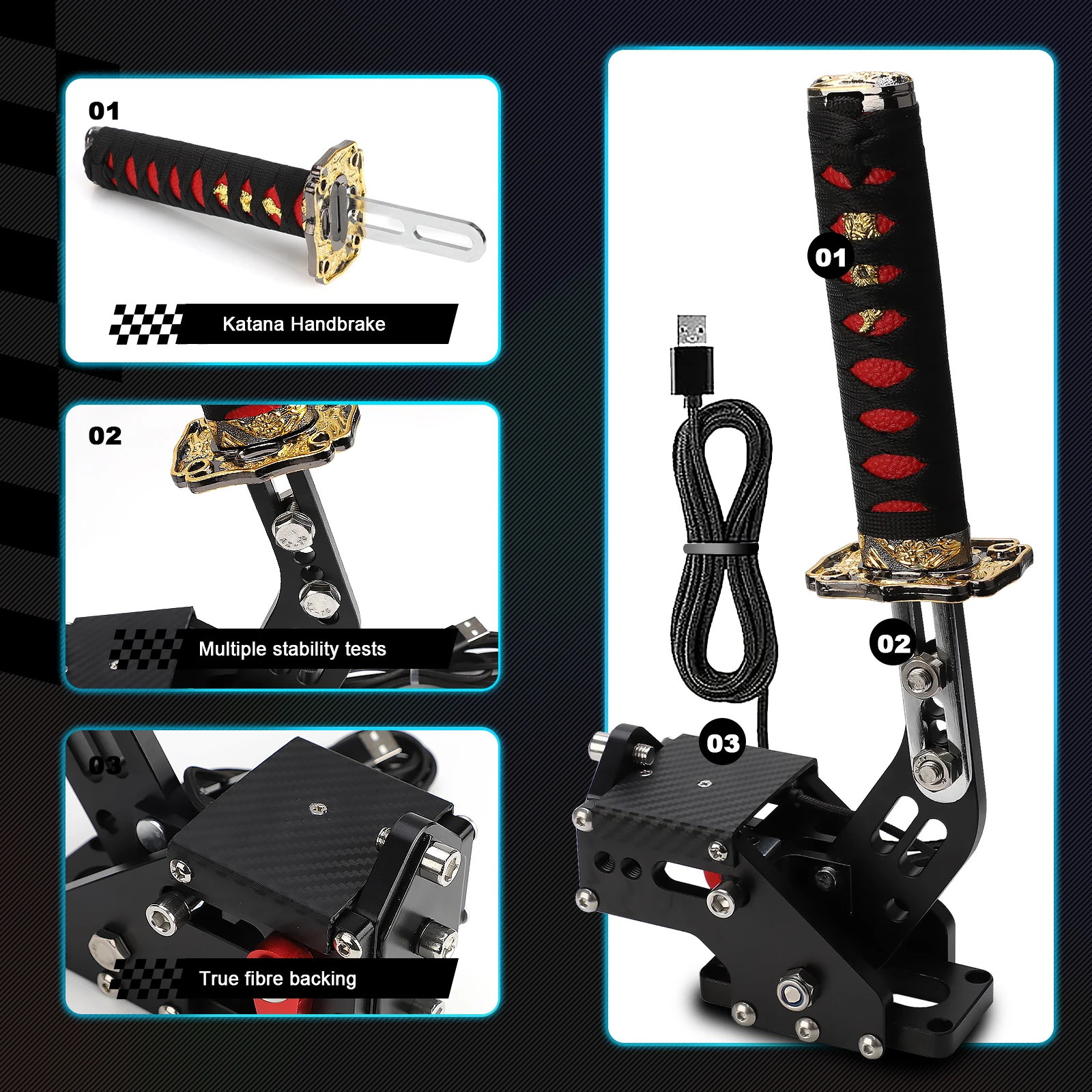 CNSPEED USB Katana Handbrake 15CM Samurai Sword Peripheral SIM Racing Games For PC USB G25/27/29 T300 T500 Black Without Clamp