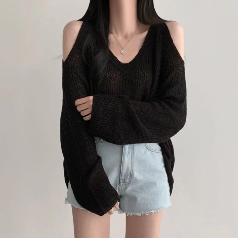 

Women Spring and Autumn Korean New V-neck Knitwear Trendy Off Shoulder Hollow Sweater Loose and Versatile Long Sleeve Thin Tops