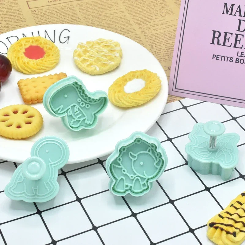 4Pcs Dinosaur Biscuit Embosser Stamp Mold Cartoon Animal Pattern Cookie Cutter Dessert Baking Mold Fondant Cake Decorating Tools cookie cutter baking mold cookie mould cookie printing mold baking decorating tools