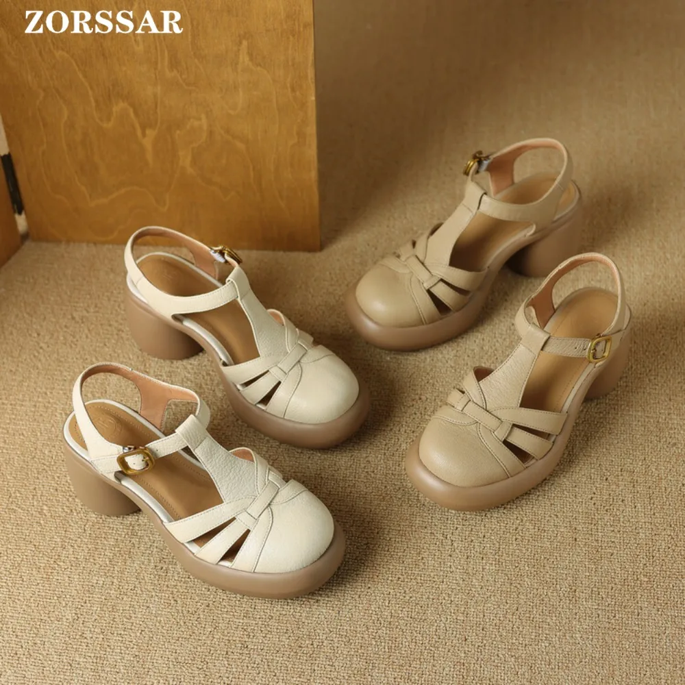New Fashion Round Toe Genuine Leather Sandals Woman Sexy High Heels Ladies Summer Party Wedding Platform Shoes Women Slingback