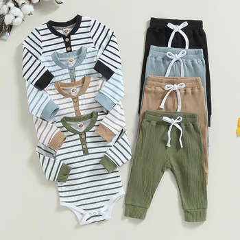 2023-06-29 Lioraitiin 0-24M Infant Baby Boy 2Pcs Fall Outfits Long Sleeve Striped Print Romper Pants Set Infant Warm Clothes 1