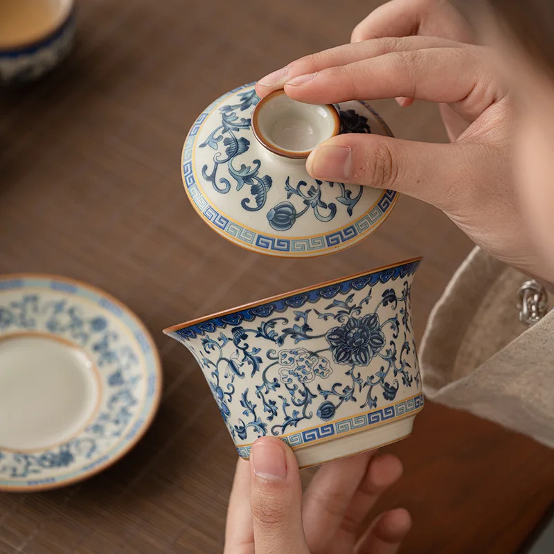 Ceramics Blue and White Ru Kiln Cracked Glaze Gaiwan Teacup Saucer Lid Porcelain Gaiwan Travel Cover Bowl 180ml