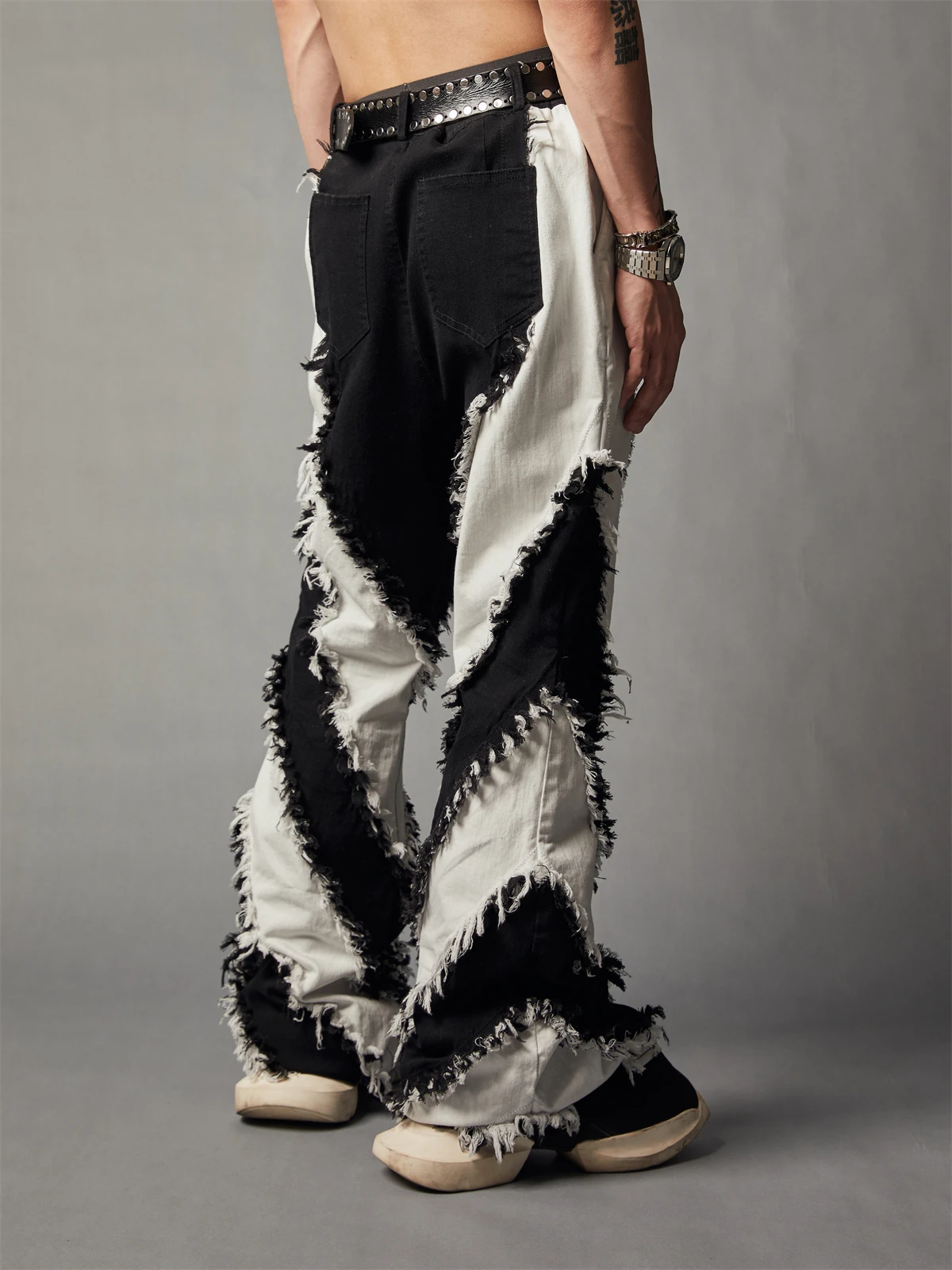 Avant-Garde Style Y2K Black and White Stitching Contrast Color Tassel Washed Jeans Men and Women's Casual Flared Pants Trousers