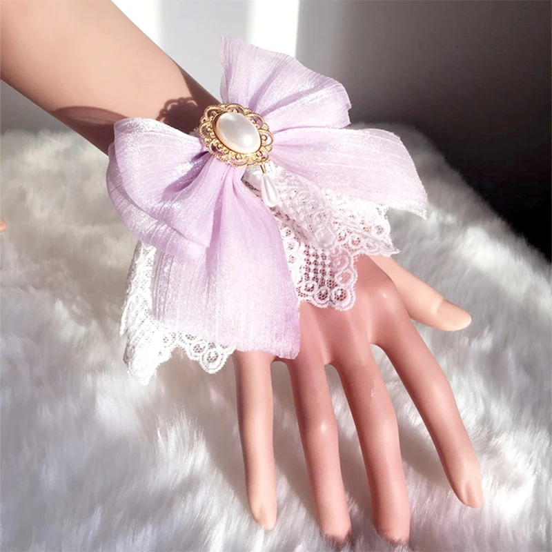 Lolita Lace Bow Hand Sleeve Double Layer Floral Lace False Wrist Cuffs Bracelet Cosplay Girl Party Hand Sleeves Wristband cosplay wrist cuffs cosplay bracelet