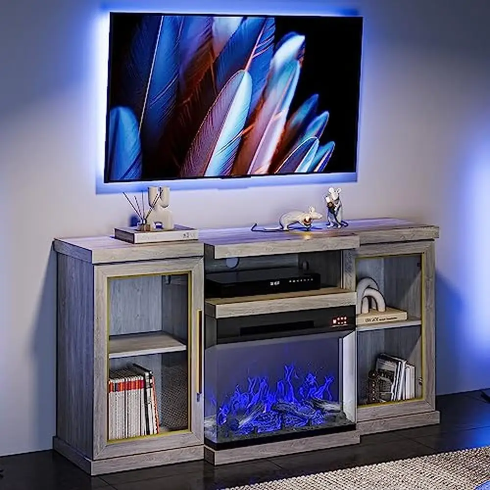 57" Rustic TV Stand Entertainment Center with Electric Fireplace Heater Sound Glass Door Storage Cabinet TVs Up to 65" CSA/UL 6