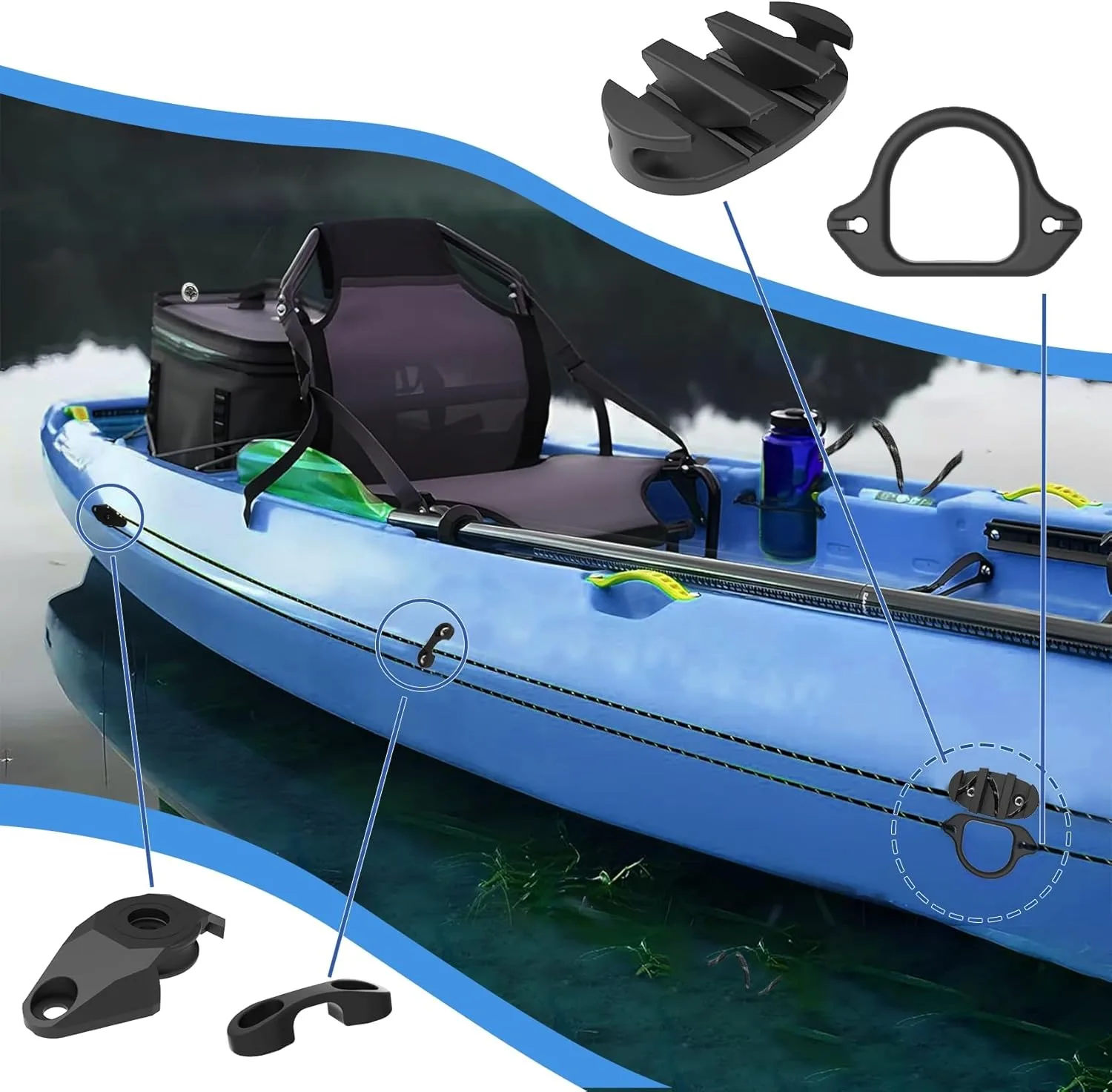 Kit Carrello Ancoraggio Kayak, Set Hardware Sistema Puleggia Ancoraggio Kayak con Corda, Bitta e Accessori di Montaggio per Canoa e Barca - immagine 5