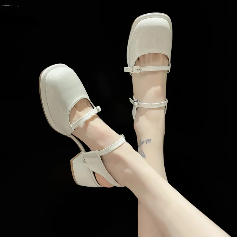 New Mary Jane Shoes Buckle Pumps Women Thick Heels Elegant Shallow Square Toe Footwear Fashion Outdoor Lady Shoes