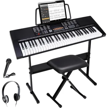 61 Key Electronic Keyboard Piano with Stool Headphones Microphone Stand Portable