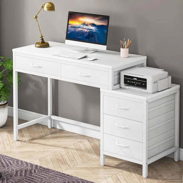 Computer Desk with 5 Drawers, Home Office Desks with Reversible Drawer Cabinet Printer Stand, Industrial PC Desk with Storage