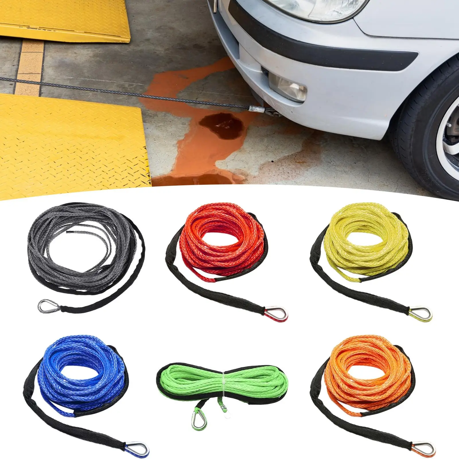 Synthetic Winch Rope Car Tow Strap 1/4 inch x 49 Feet 7700lbs with Sheath Winch Cable Towing Rope for Truck Vehicle ATV