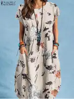 ZANZEA Women Summer Dress Bohemian Floral Print Vestido O-Neck Short Sleeve Pockets Sundress Fashion Casual Elegant Holiday Robe - Image 3