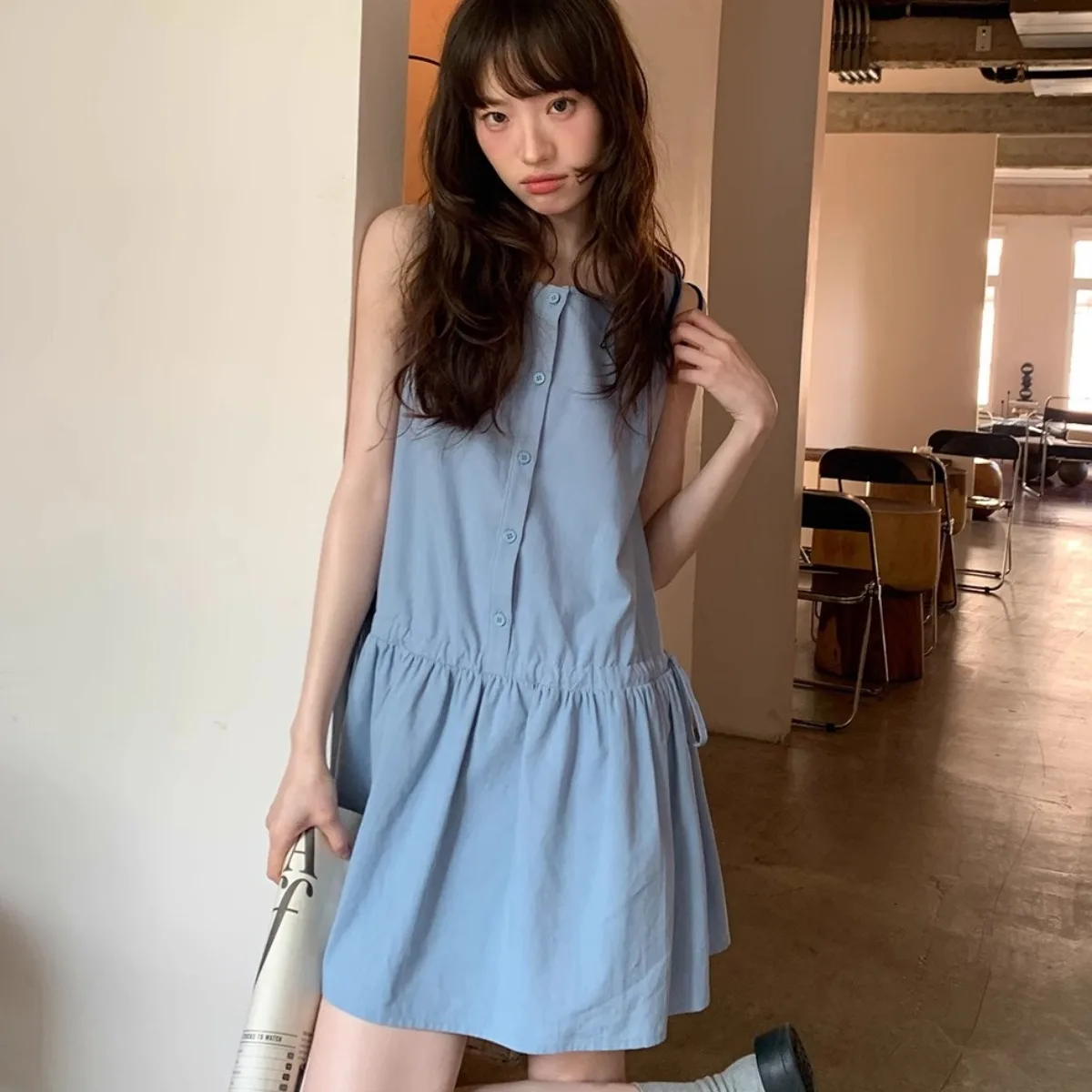 Summer New Women's Cotton Lin Dr Dstring Waist Loose round Ne Doll Vest Skirt Korean Sle Commute Sle ort Skirt - Image 4