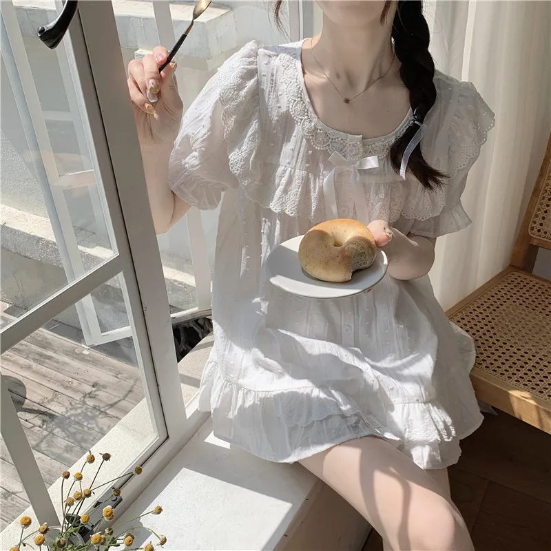 

White Home Clothes Out Wear Korean Cute Princess Lace Jacquard Lace Pajama Set Short Sleeve Tops Shorts Suit Pyjamas Dot D435
