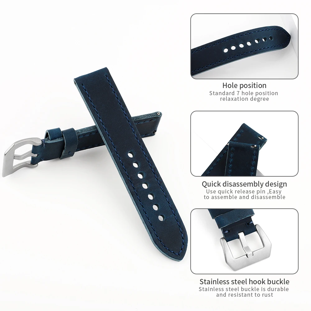 Vintage Handmade Blue Watch Strap - 22mm Quick Release Bracelet Accessory