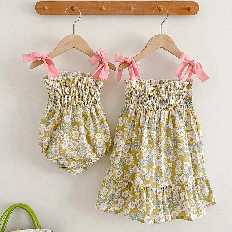 

2024 New Summer Girls Princess Dress Sleeveless Cotton Floral Printing Kids Party Dress Toddler Baby Bodysuits Sisters Clothes