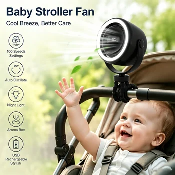 Ventilatore per Passeggino Regolabile, Ventilatore Portatile con Clip, Oscillazione Automatica, Luce Notturna, Diffusore di Aromi, Ricaricabile USB, Ventilatore di Raffreddamento per Culla