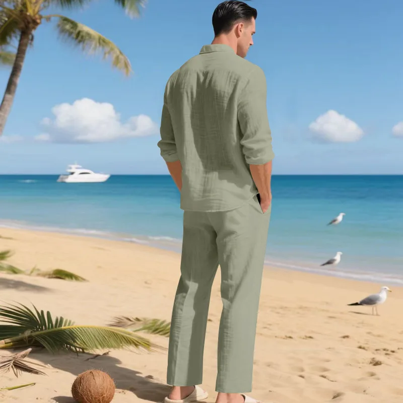 Men's Autumn Loose Trend Linen Solid Color Simple Lapel Long-Sleeved Shirt Beach Trousers Set