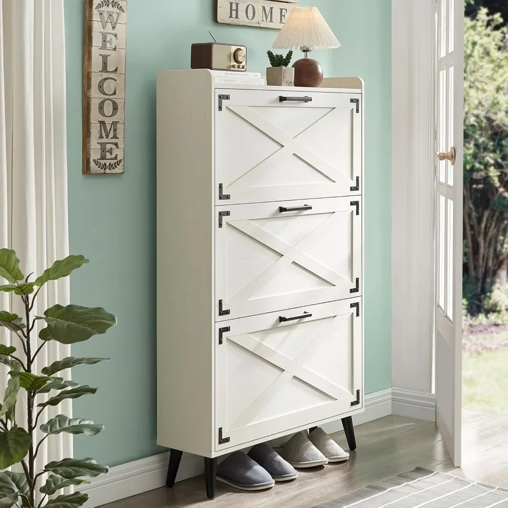 Shoe Cabinet, Freestanding Hidden Shoes Organizer with 3 Flip Drawers & Barn Door Design, for Entryway,Foyer,Hallway, Shoe Rack 3