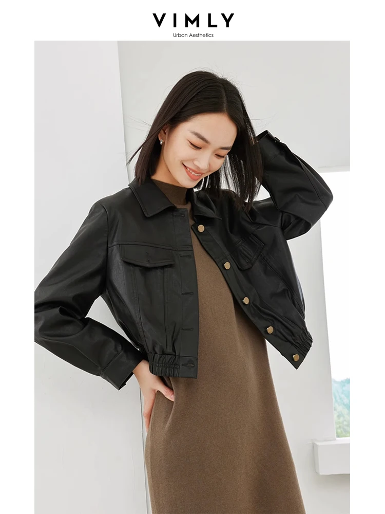 Vimly Lapel Cropped Women's Motorcycle Leather Jacket Loose Long Sleeve Coats 2023 Autumn New in Outerwear Female Clothing 16137