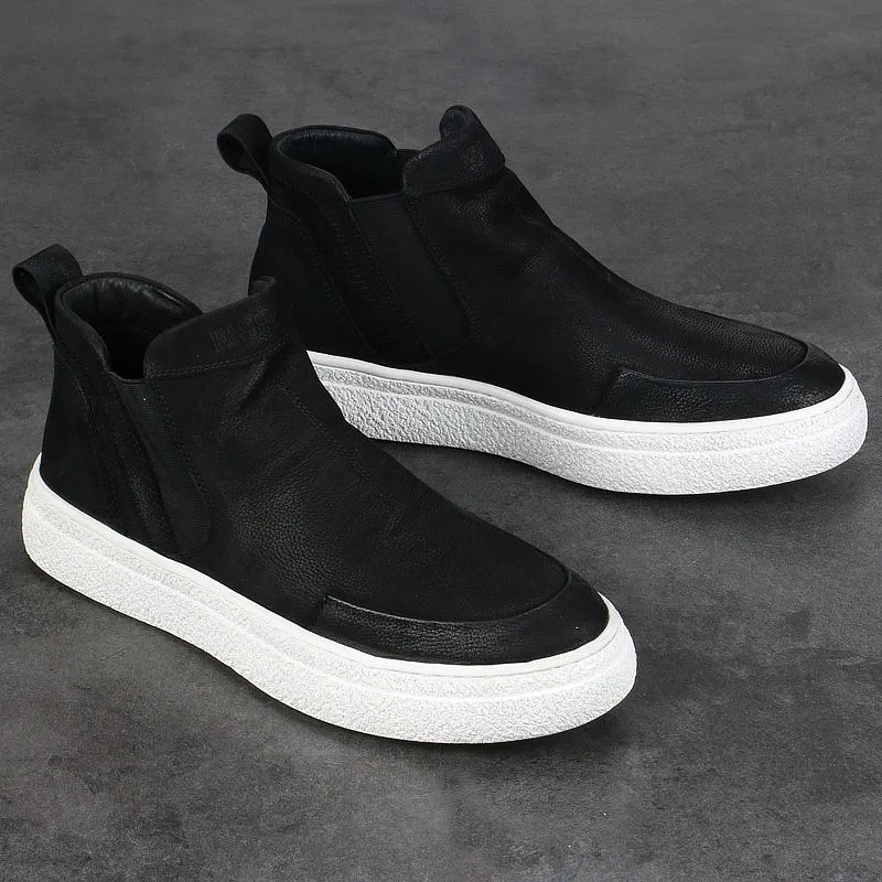 

Autumn and winter leather men's high top short boots casual board shoes plus fuzzy warm retro frosted trend cotton shoes