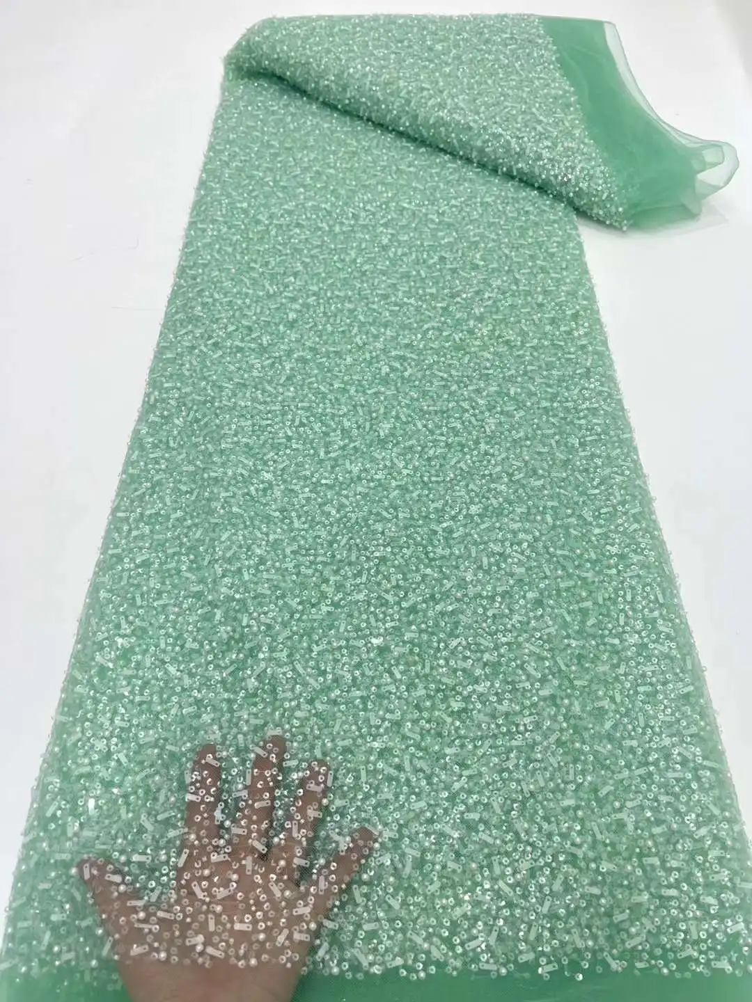 

Luxury African Heavy Beaded Lace Fabric 2023 High Quality 5 Yards Nigerian Sequins Tulle 3D Fabric Material For Wedding