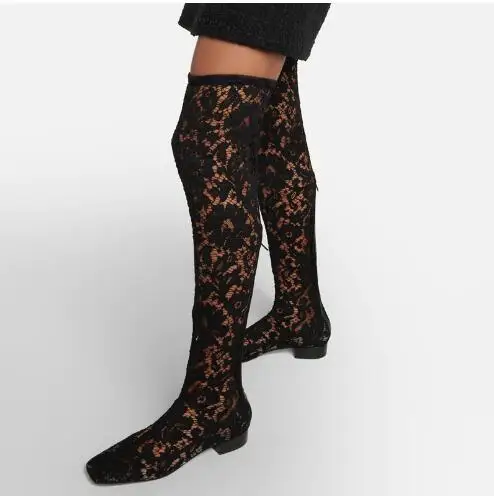 

Summer New Black Lace Floral Flower Breathable Square Toe Low Heels Over The Knee Boots Women Slip On Thigh Long Boots Shoes