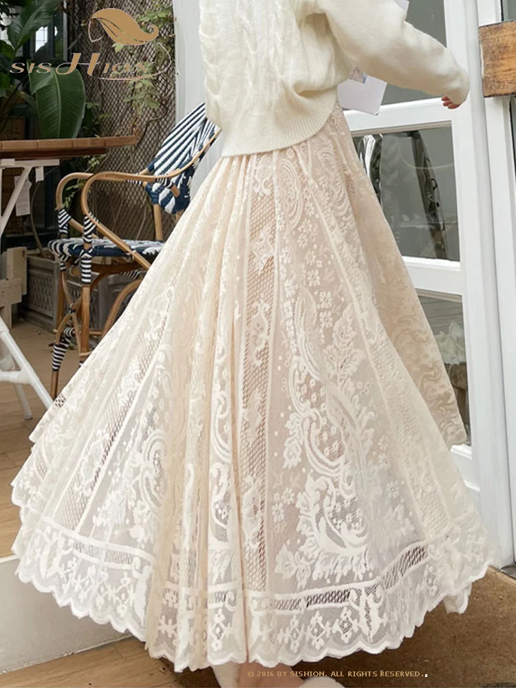 

Vintage Women's Lace Crochet Umbrella Long Skirts Bohemian High Waist Hollow Out Female Maxi Skirts Spring Summer VD4086