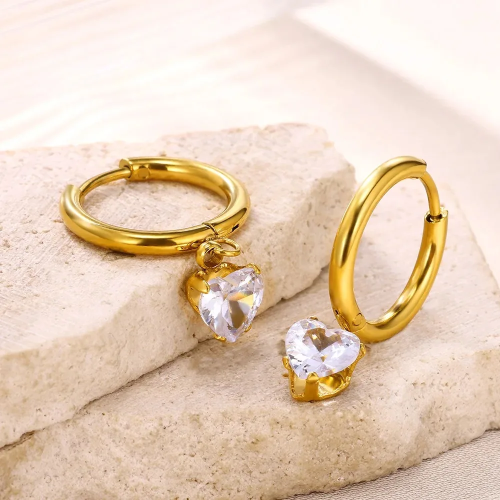 Zircon Heart Hoop Earrings Women 18K Gold Plat Pink For