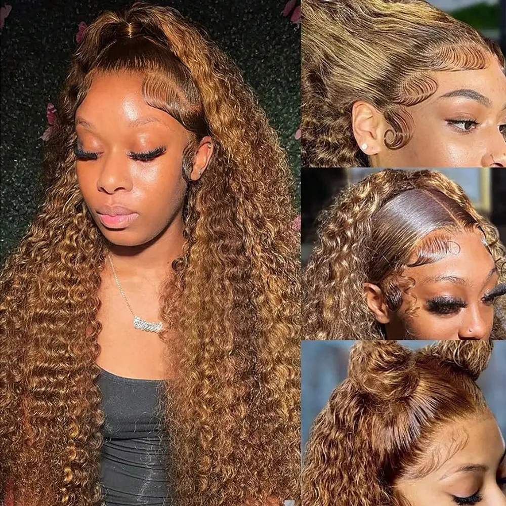 28 Inch Glueless Ombre Lace Front Wig Brazilian 4/27 Human Hair Wig for Women 250% Density Highlight Deep Wave Human Hair Wig