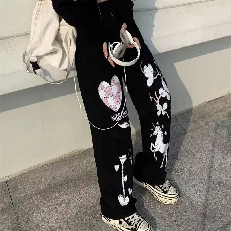 Punk Street Y2K Clothing Gothic Skull Print Jeans Mid Waist Wide Leg Pants 90's Retro Women's Trousers Baggy Jeans Women