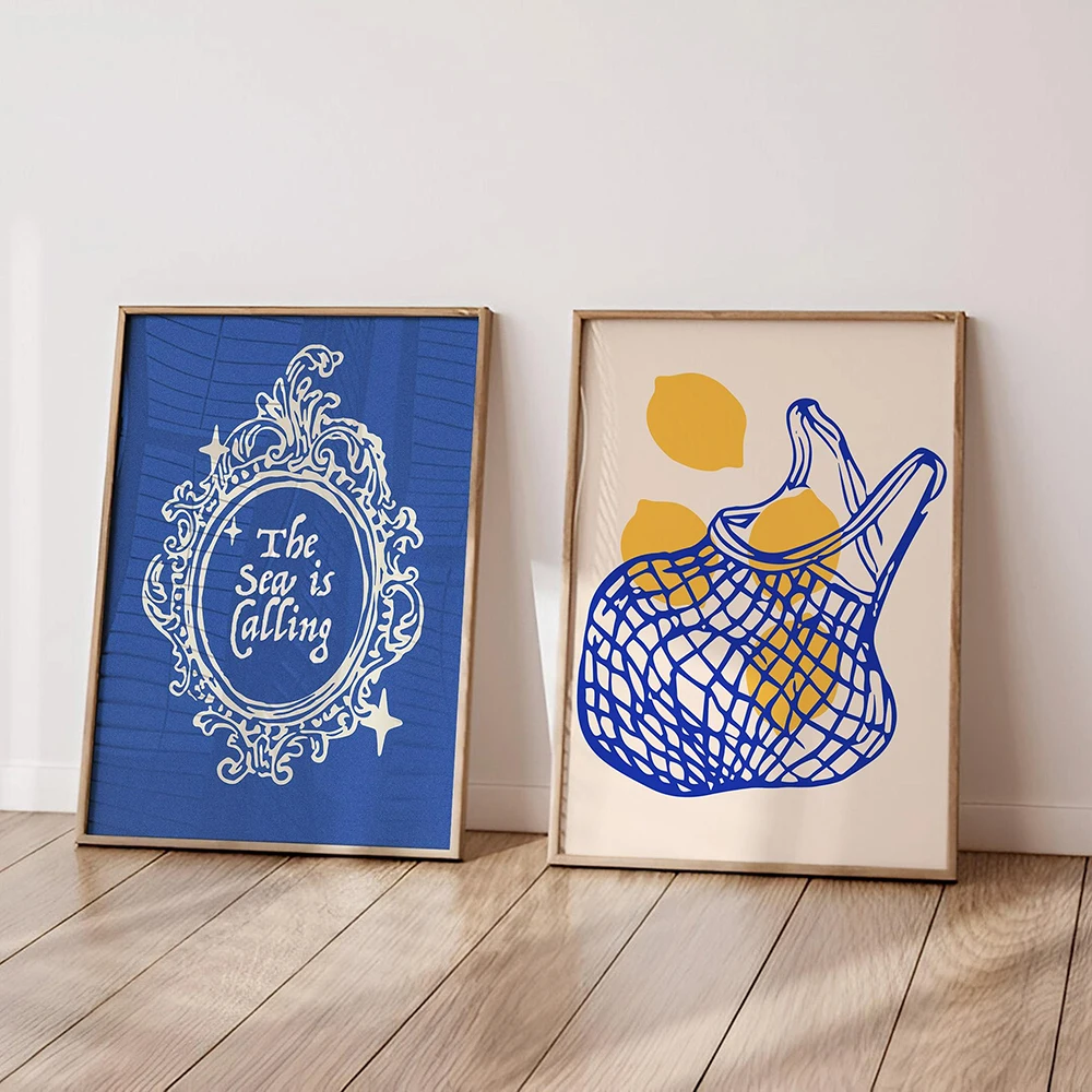 Quadro su tela senza cornice, 1 pezzo, blu, arte murale maximalista, decorazione costiera, stampe Le Musee, estate italiana, retrò, colazione, cibo, bevande C - immagine 2