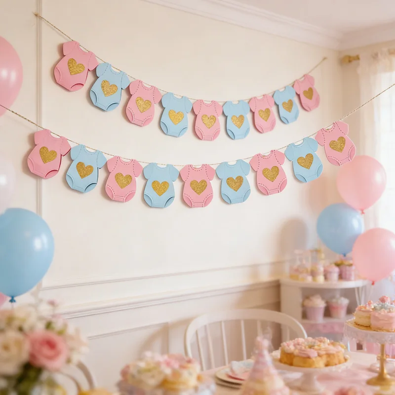 Baby-Shower Papiergirlande Kurzarm-Bodysuits Wäscheleinen-Girlande Geschlechtsenthüllungs-Geburtstagsbanner Baby-Outfit Banner Flaggen-Dekoration – Detail 2