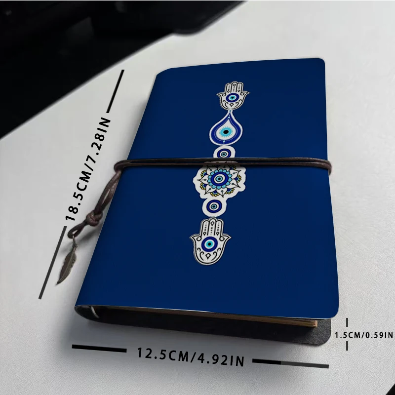 보헤미안 스타일 악마의 눈 함사 핸드 PU 노트 - 블루 나자르 부적 프린트 저널, 깃털 펜던트 타이 클로저 영적 문구류