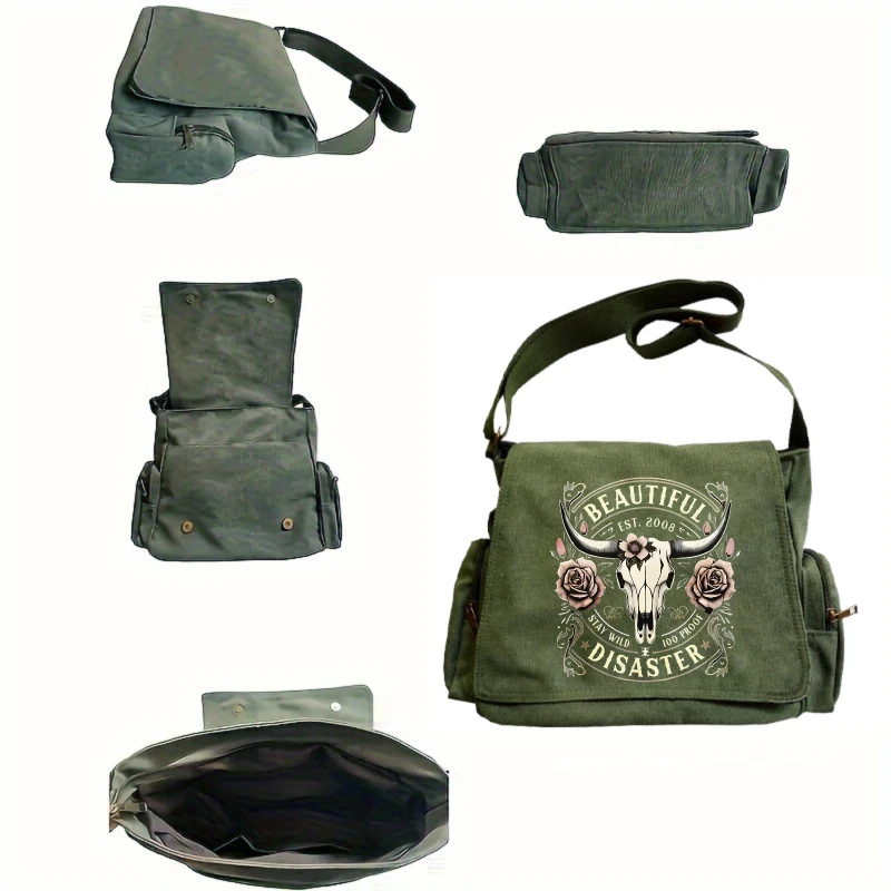 Vintage Women's Shoulder Bag Crossbody Canvas Messenger Bag Skull Print Large Capacity Laptop Bag