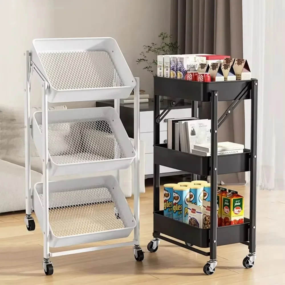 Folding Storage Trolley Rack Kitchen Bathroom 3 Storey Snacks Shelving Bedroom Mobile Trolley Storage Rack Organizer Carts
