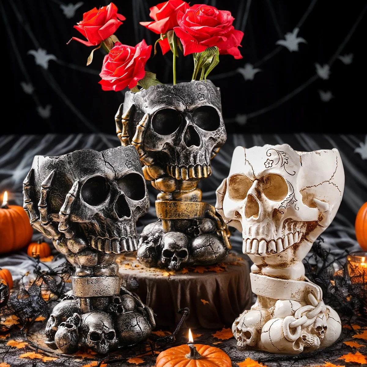 1PC, Halloween party punk-style mechanical white, black gold, and silver-black skull-shaped vases