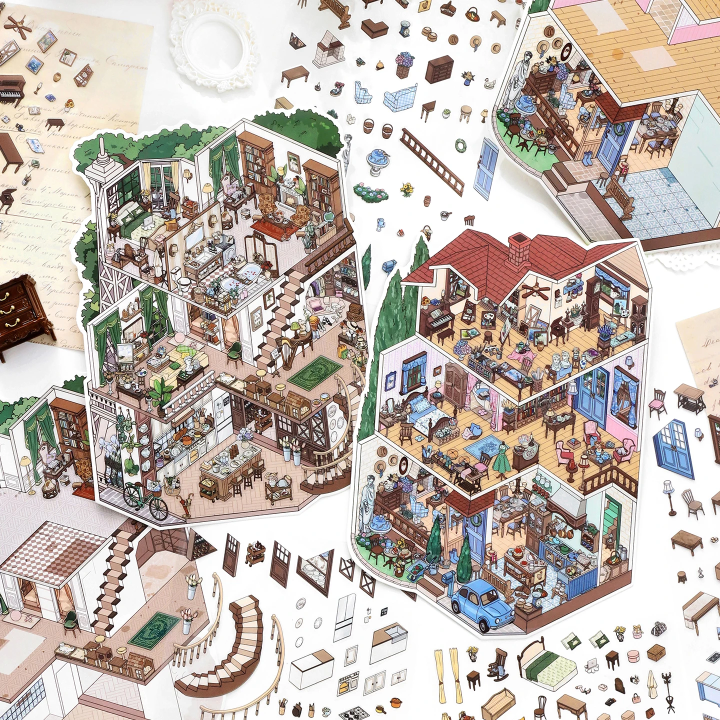귀여운 빈티지 소형 건물 3D 프랑스 스타일 코티지 풍경 스티커 DIY 포켓 캐빈 장면 축제 선물