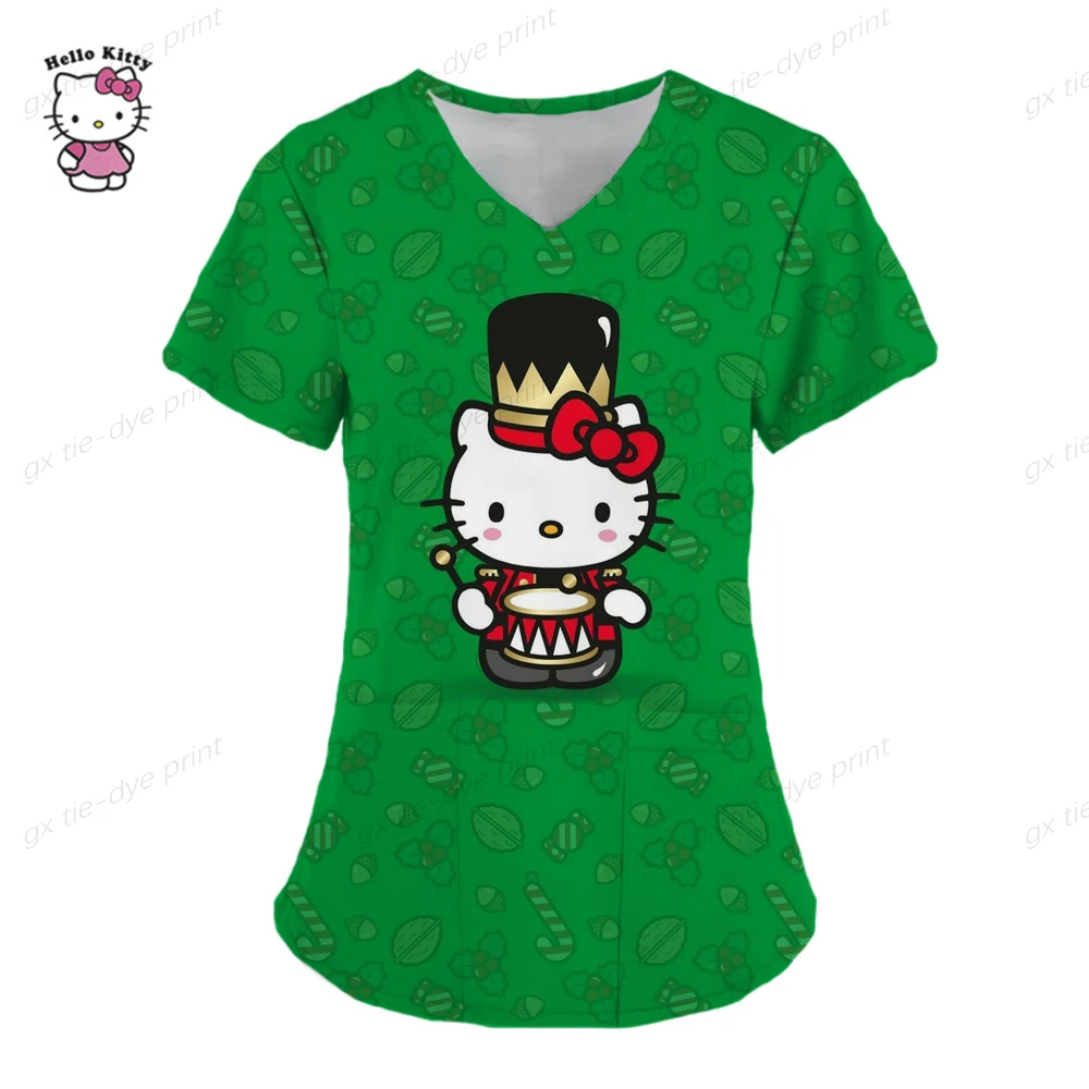Camisetas de manga corta para mujer, uniforme de enfermera con estampado de Hello Kitty, cuello en V, bolsillo, para trabajadores de la salud, ropa de trabajo clínica