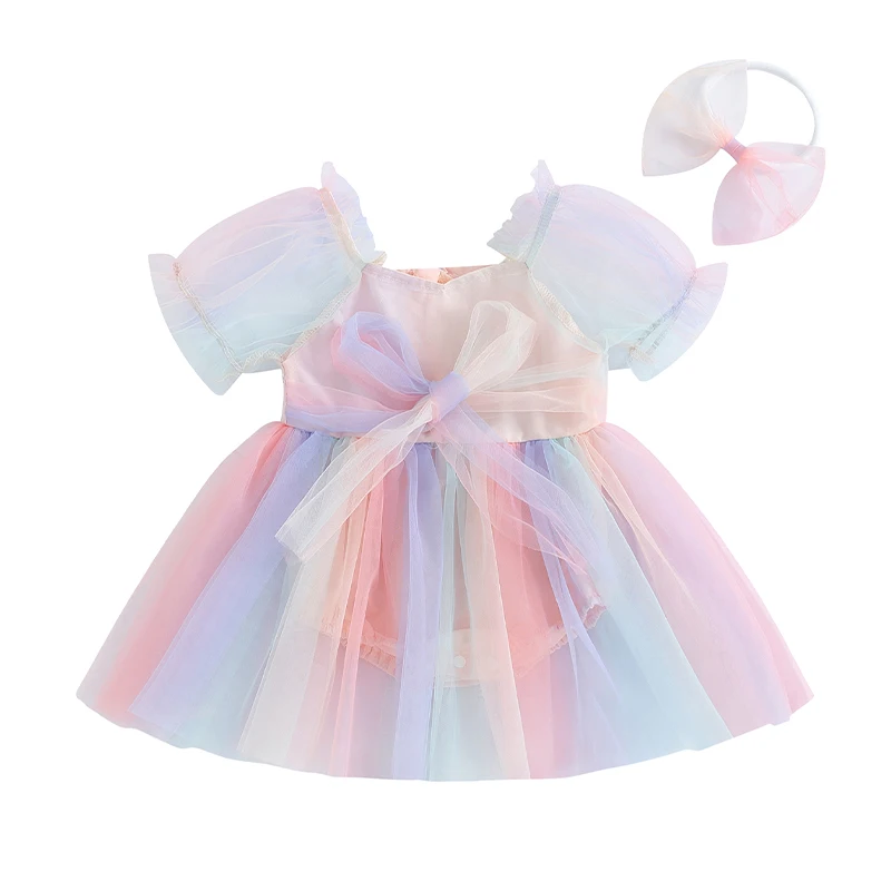 

Летний комбинезон для новорожденных 0-24 мес. для маленьких девочек с бантом и повязкой на голову без рукавов из тюля в стиле пэчворк комбинезон с бантом