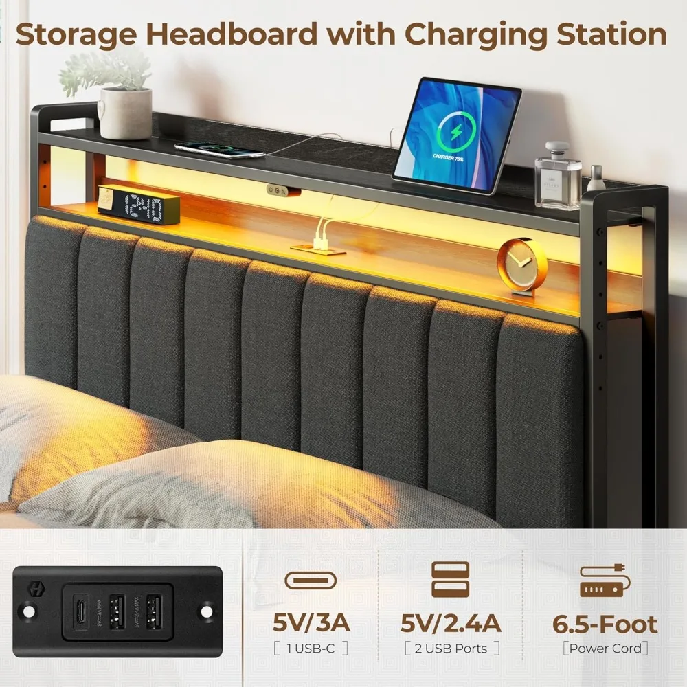 Full Bed Frame, with Charging Station & LED Lights, Upholstered Headboard with Storage Shelves, No Box Spring Needed, Bed Frame 3