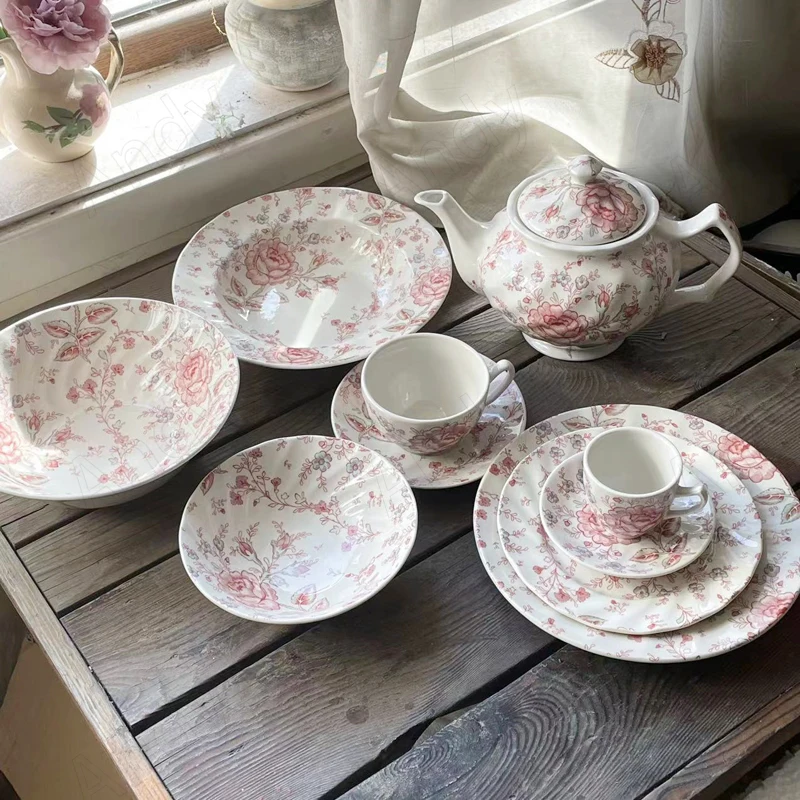 Creative Ceramic Plate Set French Retro Floral Relief Western Restaurant Dinner Plates Afternoon Tea Desktop Home Teacup Sets