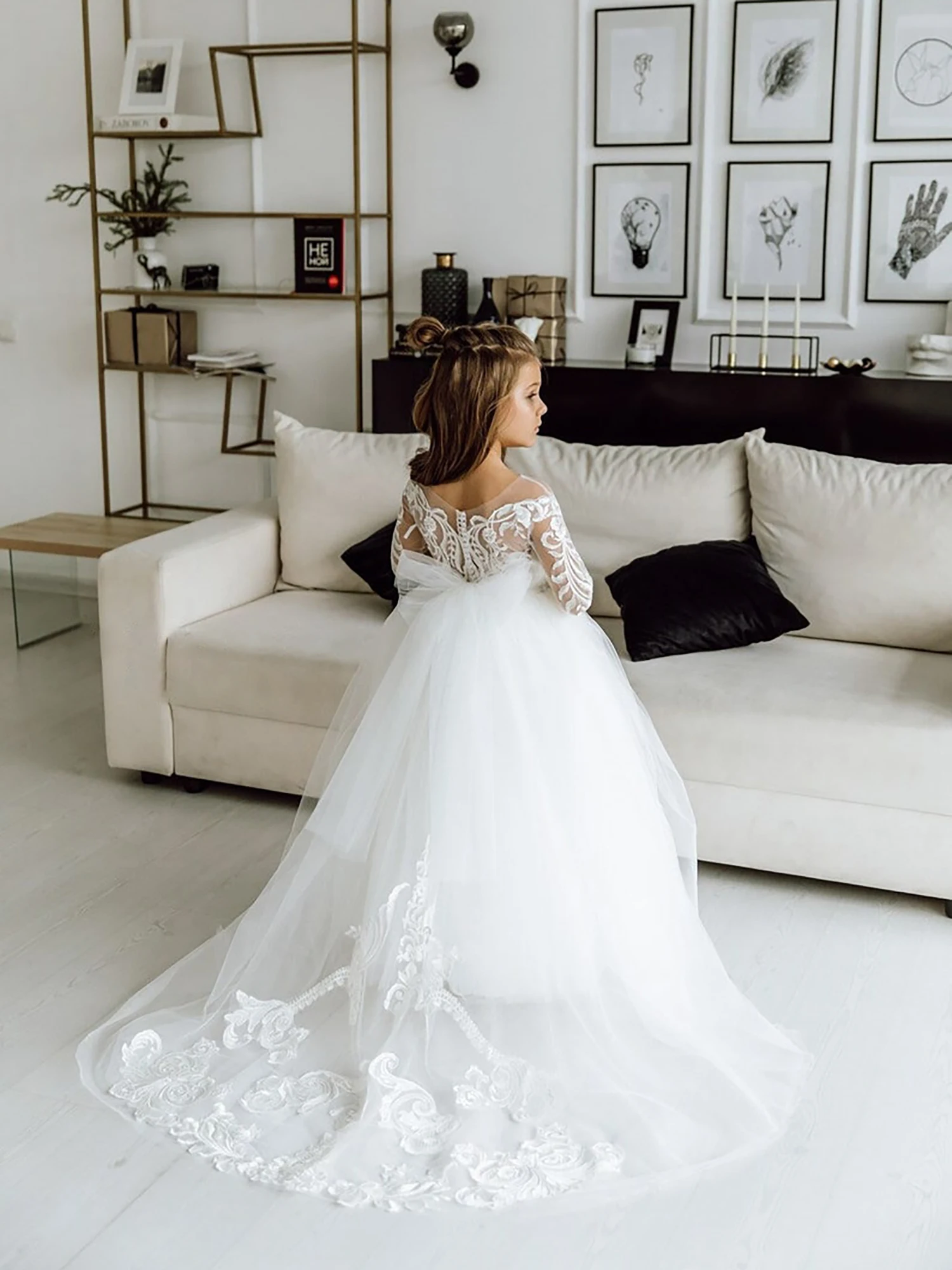 Flower Girl Dresses FATAPAESE Kids Bridesmaid Dress for Girls Flower Long Sleeve Floral Lace Tulle A Line Gown Floral Applique Wedding Even