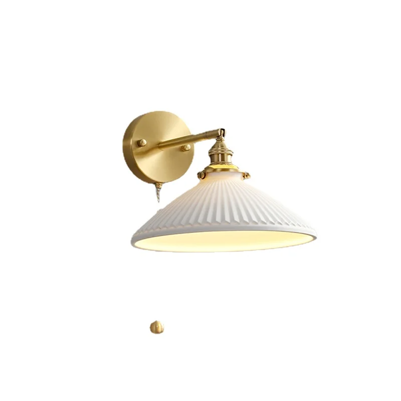 

YY Nordic Brass Ceramic Wall Lamp Bedside Lamp Ins Pull Switch Mirror Headlight