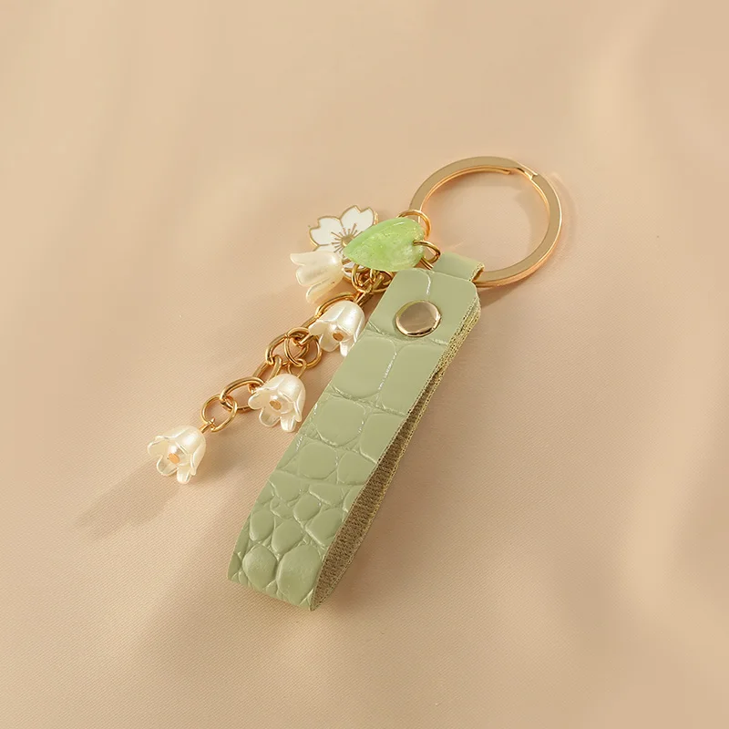 Lily of The Valley Flower Leather Keychain for Women Korea