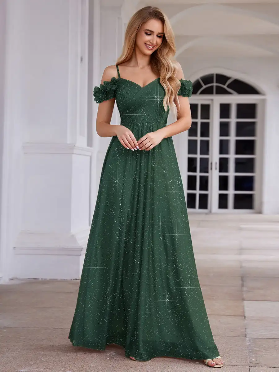 Elegant Evening Dresses Sparkling V-Neck Floral Cold-Shoulder Pleated 2025  Ever Pretty of Dark Green Bridesmaid Dress - AliExpress 320
