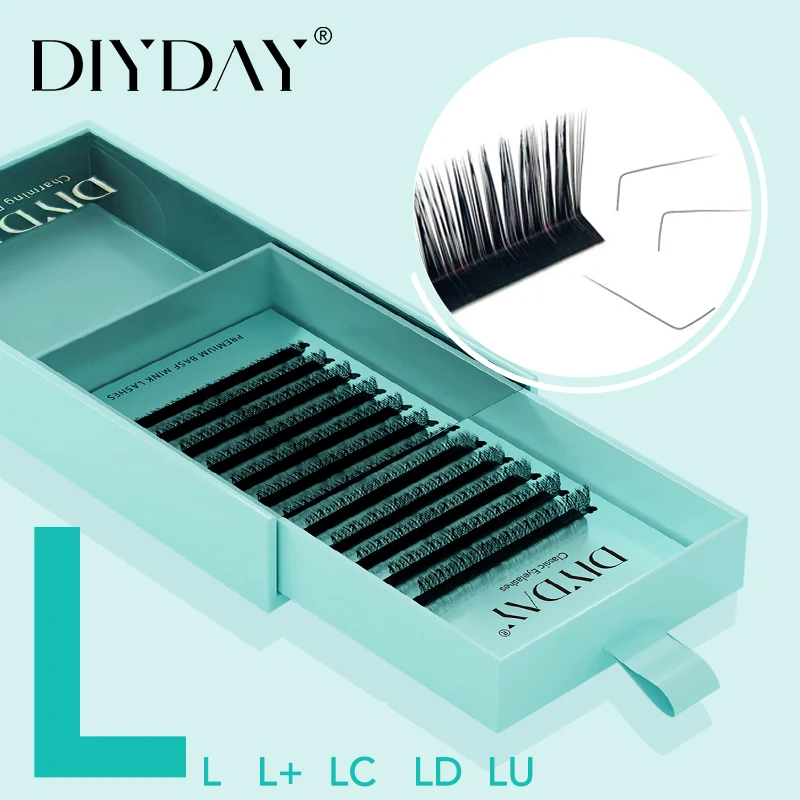 DIYDAY L shape Eyelash Extensions LU LC LD M Curl Volume Lashes Matt Black PBT Mink Individual Fake Eyelashes for Make up