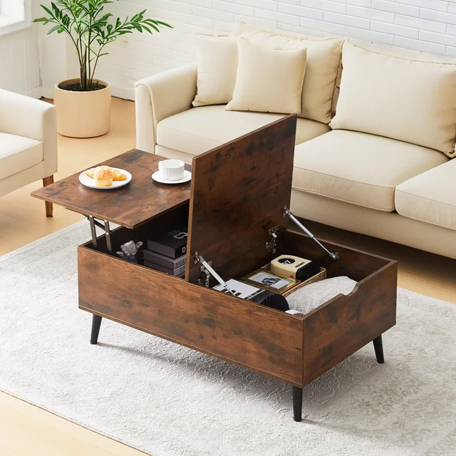 Table basse relevable avec rangement, table d'appoint en bois pour salon, armoire de rangement avec compartiments cachés 1