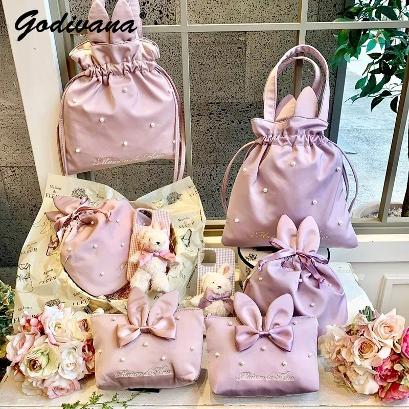 Japanese Style New Rabbit Ear Shell Wooden Ear Cosmetic Bags Hand Holding Women's Pink Clutch Bags Pearl Beaded Handbags