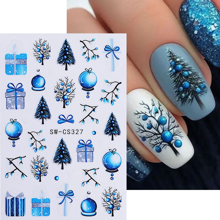 2pcs Christmas Nail Stickers Self-Adhesive Blue Xmas Tree Light Ball Bow Gift Nail Decals Sliders New Year Manicure Decoration