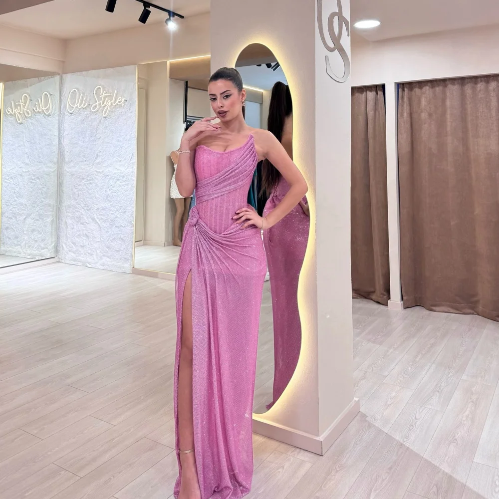 Bella Customized Pink Sequin Side Slit robes de soirée Strapless